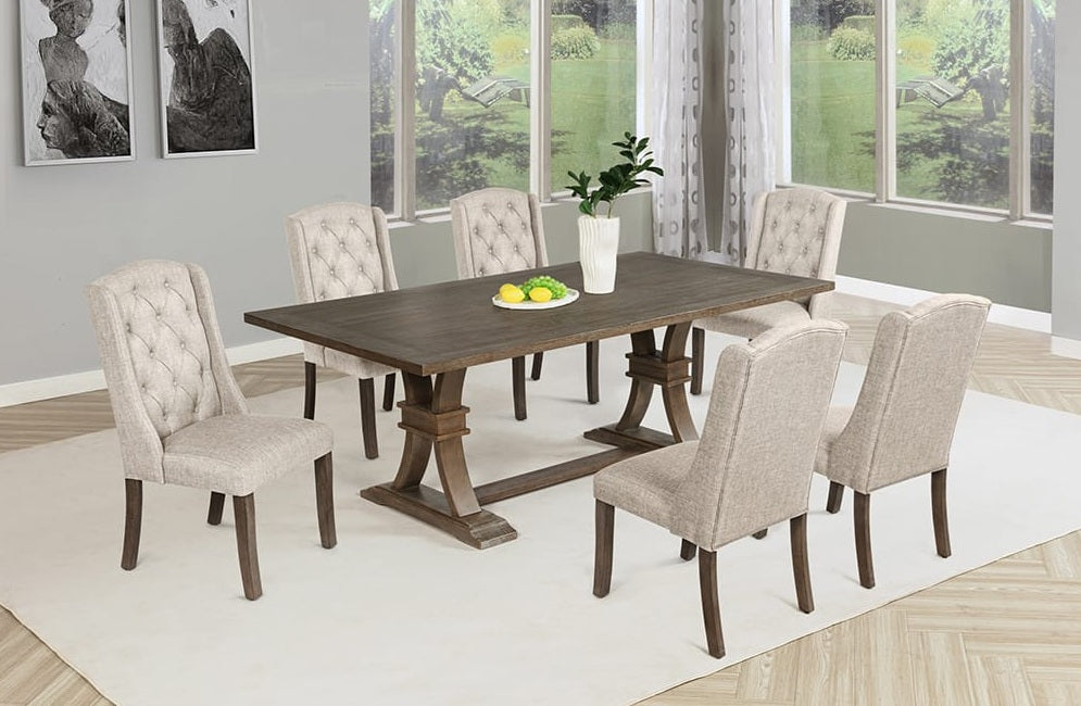 D705-705-7PC 7 pc Gracie oaks rustic grey finish wood trestle base dining table with beige wing back fabric chairs