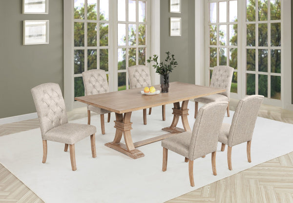 D707-7PC 7 pc Gracie oaks rustic light oak finish wood trestle base dining table with beige fabric chairs