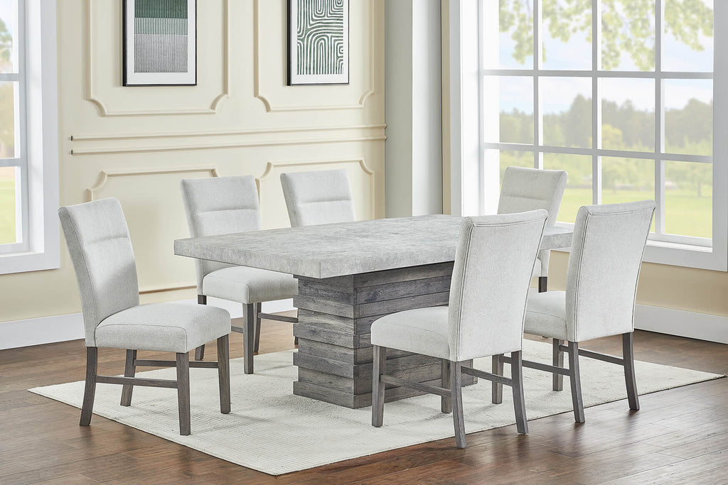 D710-7PC 7 pc  Privett brown grey finish wood base faux concrete top modern rustic dining table set
