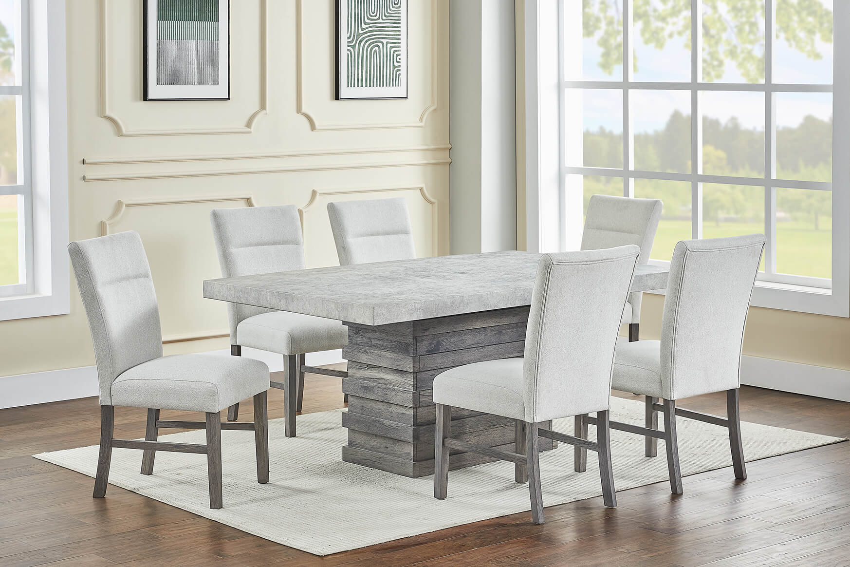 D710-7PC 7 pc  Privett brown grey finish wood base faux concrete top modern rustic dining table set