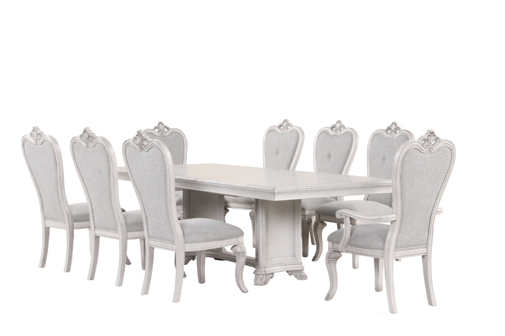 D7723-7PC 7 pc Cambria hills mist grey finish wood trestle base dining table set fabric chairs
