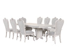 D7723-7PC 7 pc Cambria hills mist grey finish wood trestle base dining table set fabric chairs
