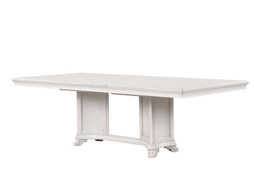 D7723-7PC 7 pc Cambria hills mist grey finish wood trestle base dining table set fabric chairs