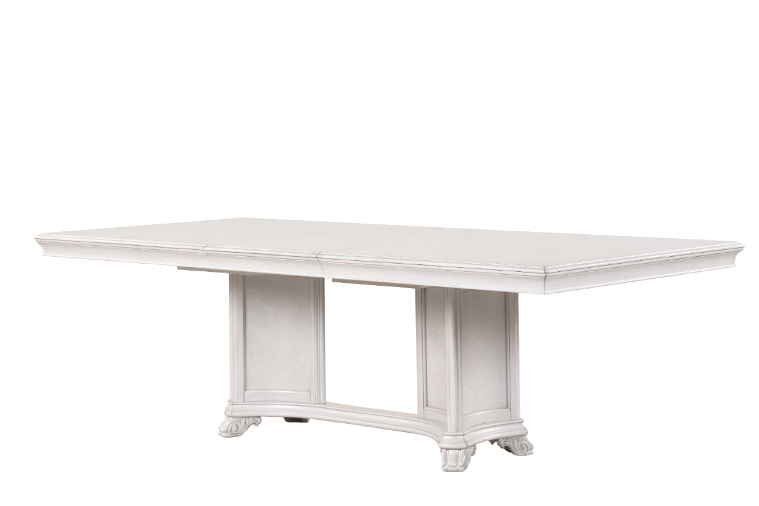 D7723-7PC 7 pc Cambria hills mist grey finish wood trestle base dining table set fabric chairs