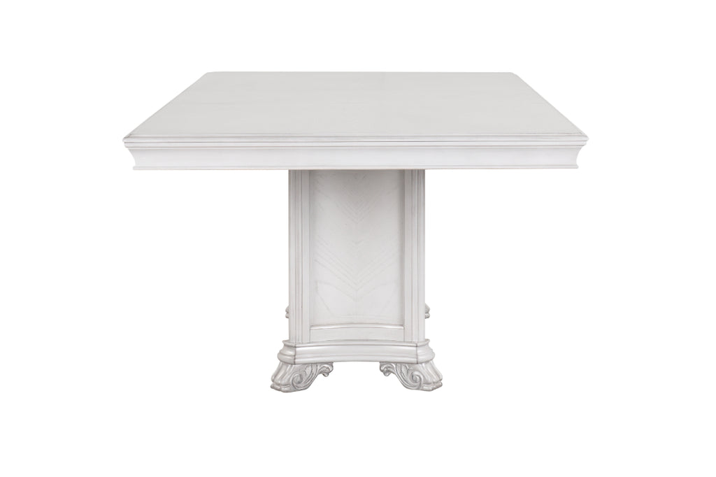 D7723-7PC 7 pc Cambria hills mist grey finish wood trestle base dining table set fabric chairs