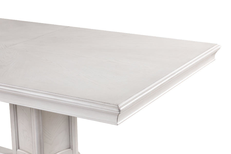 D7723-7PC 7 pc Cambria hills mist grey finish wood trestle base dining table set fabric chairs