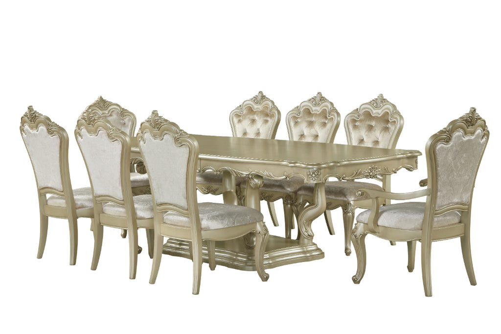 D992-7PC 7 pc Monique champagne finish wood dining table set velvet chairs classic style heirloom craftsmanship