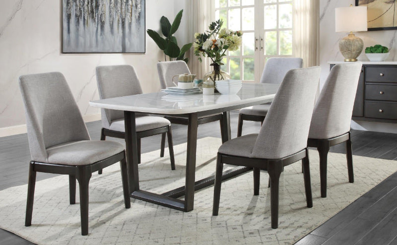 Acme DN00059 7 pc Gracie oaks charnell weathered gray finish wood marble top dining table set