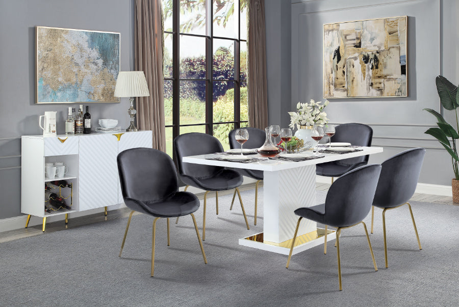Acme DN01258A 7 pc Everly quinn gaines white high gloss finish wood gold accents modern dining table set grey or blue velvet chairs