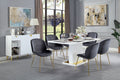 Acme DN01258A 7 pc Everly quinn gaines white high gloss finish wood gold accents modern dining table set grey or blue velvet chairs