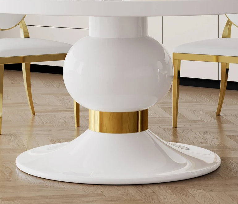 DT0214W-7PC 7 pc Destiny white high gloss finish top 59" round dining table set gold mirrored accents