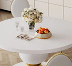 DT0214W-7PC 7 pc Destiny white high gloss finish top 59" round dining table set gold mirrored accents