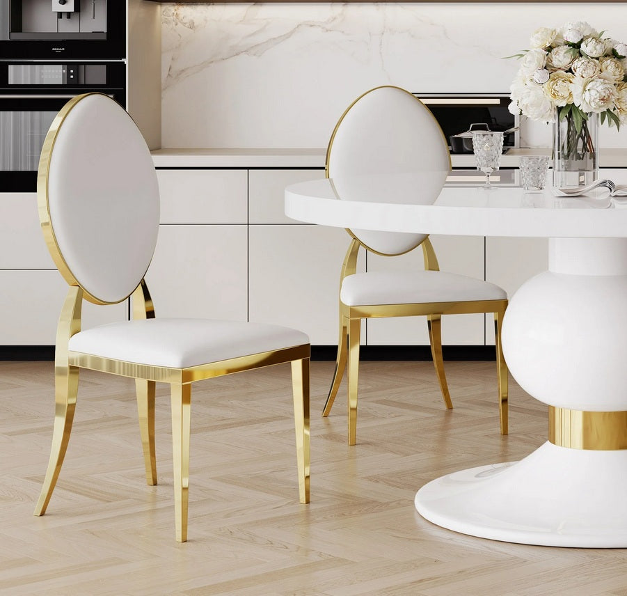 DT0214W-7PC 7 pc Destiny white high gloss finish top 59" round dining table set gold mirrored accents