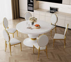 DT0214W-7PC 7 pc Destiny white high gloss finish top 59" round dining table set gold mirrored accents