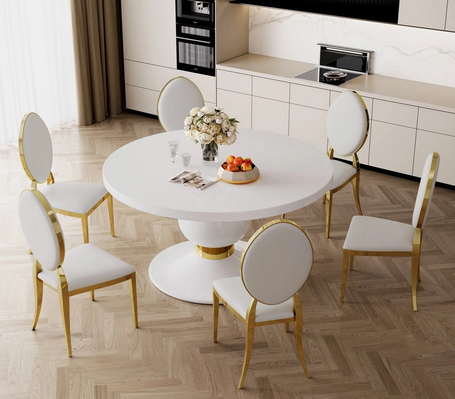 DT0214W-7PC 7 pc Destiny white high gloss finish top 59" round dining table set gold mirrored accents