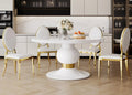 DT0214W-7PC 7 pc Destiny white high gloss finish top 59" round dining table set gold mirrored accents