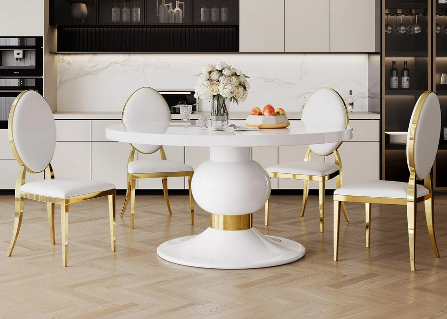 DT0214W-7PC 7 pc Destiny white high gloss finish top 59" round dining table set gold mirrored accents
