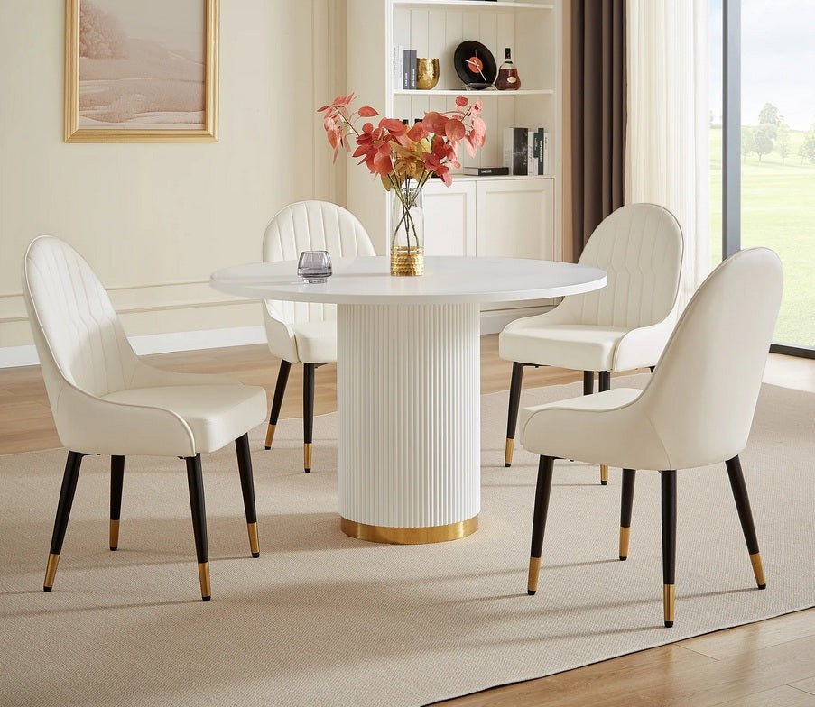 DT0220GW-5PC 5 pc Duarte white high gloss finish top 46.5" round dining table set gold accents