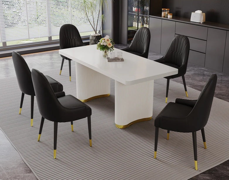 DT0227GW-5PC-BK 5 pc Anamra white finish wood 70" dining table set gold accents double pedestal black chairs