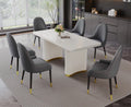 DT0227GW-5PC-GY 5 pc Anamra white finish wood 70" dining table set gold accents double pedestal grey chairs