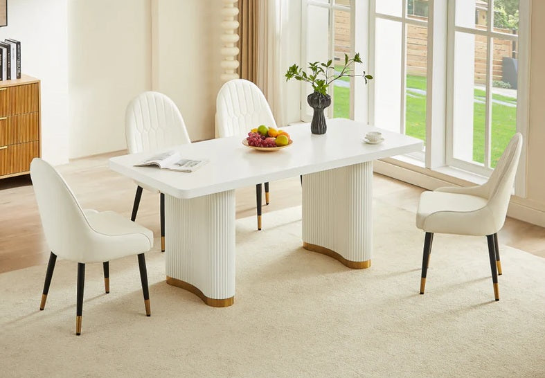 DT0227GW-5PC 5 pc Anamra white finish wood 70" dining table set gold accents double pedestal