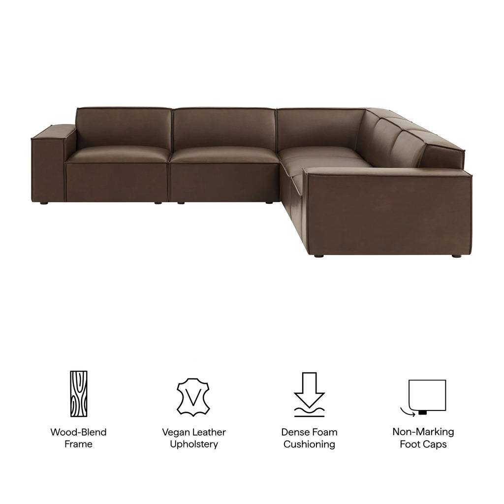 Auren 5 pc Restore espresso vegan leather modular sectional sofa with piping trim