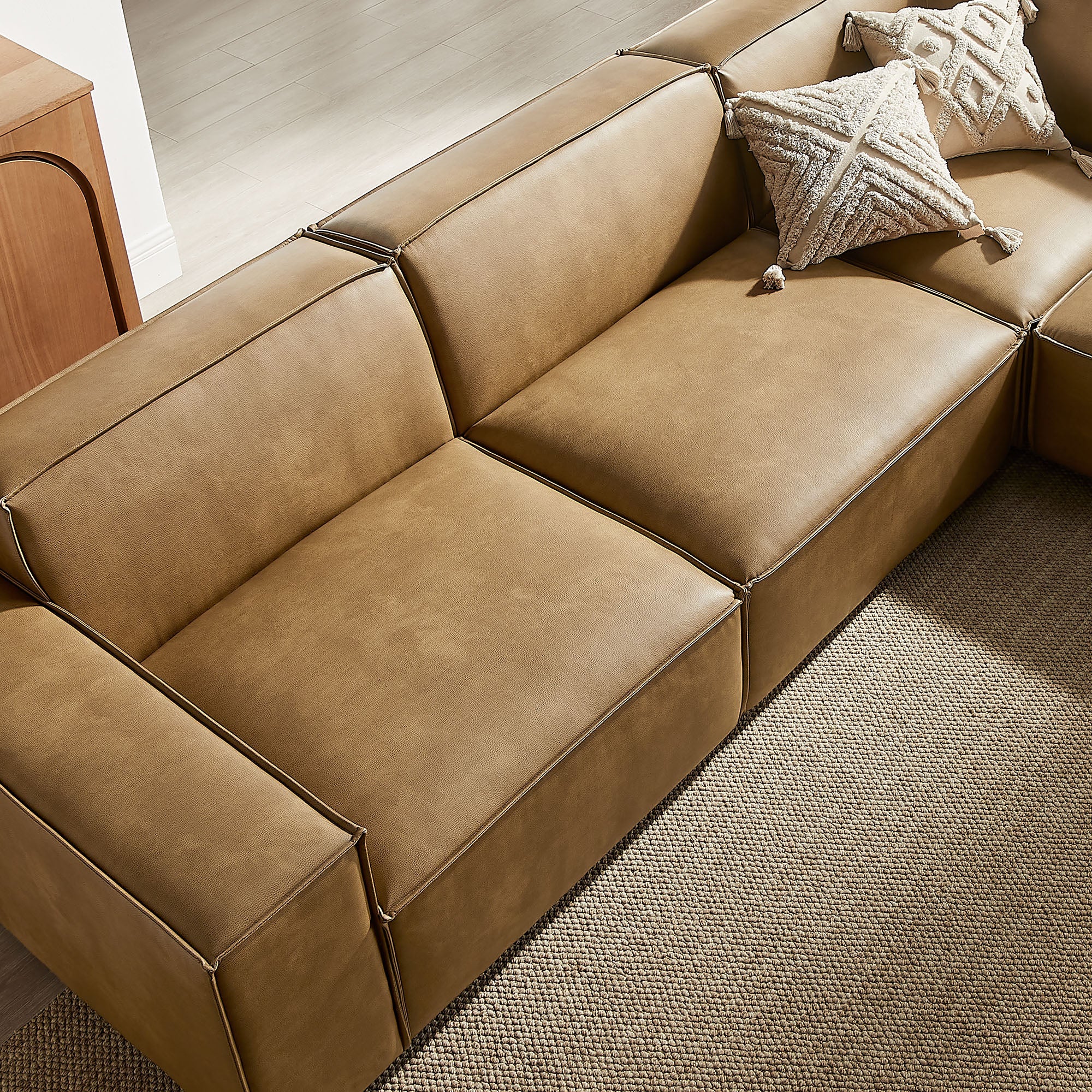 Auren 5 pc Restore toast vegan leather modular sectional sofa with piping trim