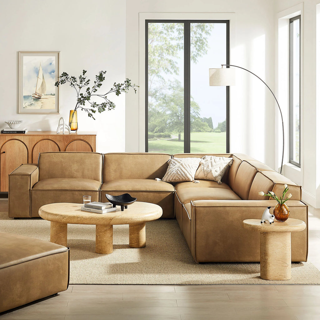 Auren 5 pc Restore toast vegan leather modular sectional sofa with piping trim