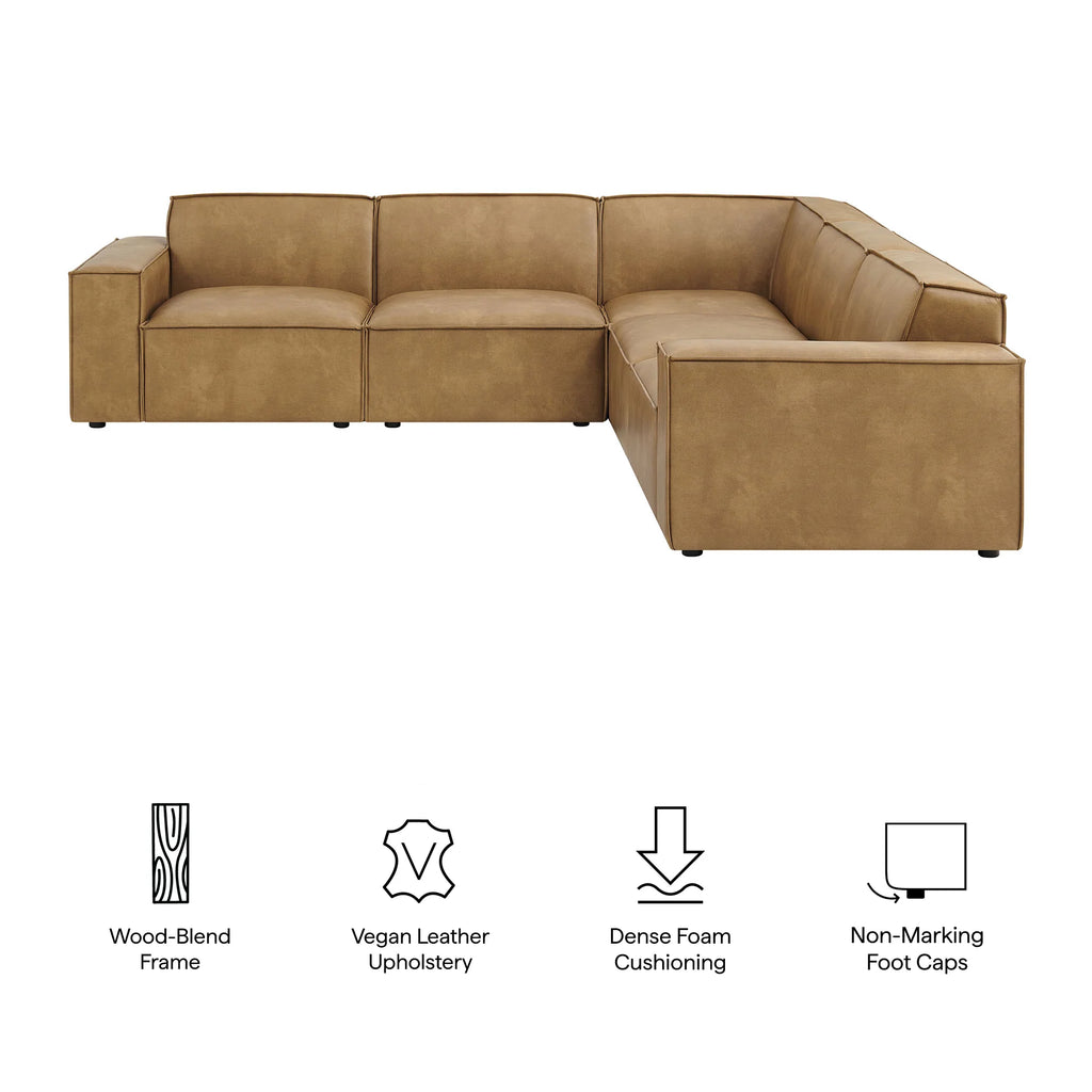 Auren 5 pc Restore toast vegan leather modular sectional sofa with piping trim