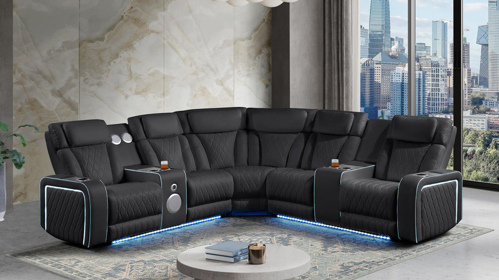 3 pc Electra black faux leather power motion sectional sofa with massagers and LED , USB charging, LEDS , cup holders