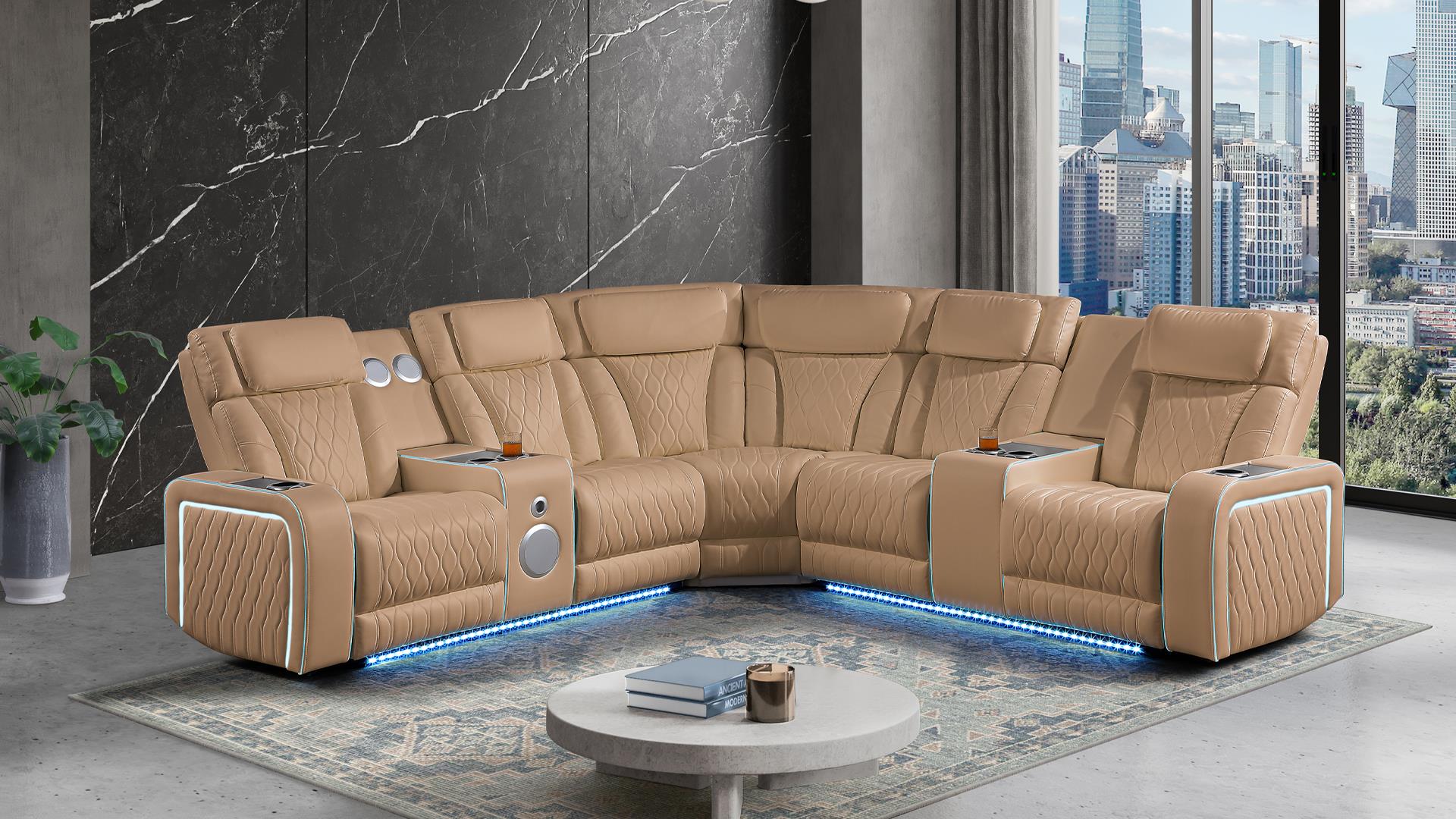 3 pc Electra caramel faux leather power motion sectional sofa with massagers and LED , USB charging, LEDS , cup holders