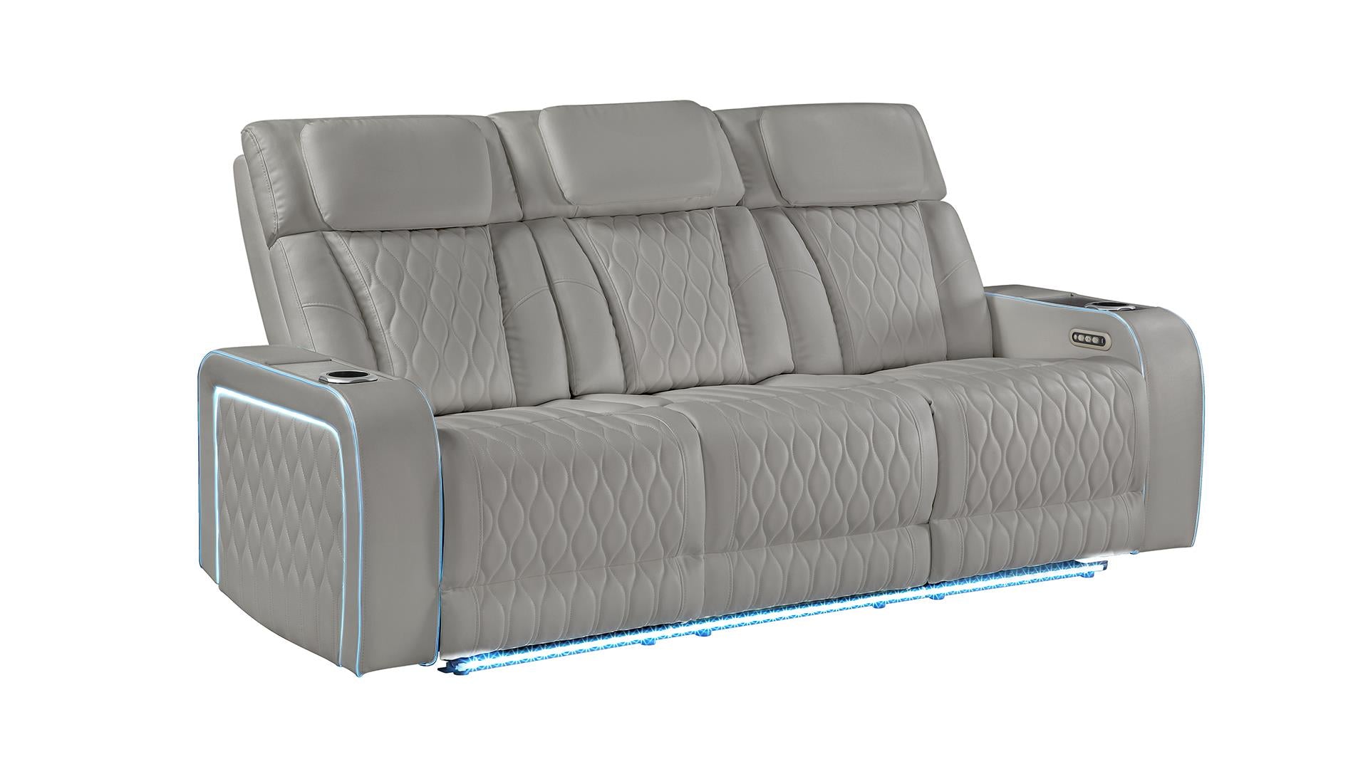 2 pc Electra grey faux leather power motion sofa and love seat with massagers and LED , wireless charging, LEDS , cup holders