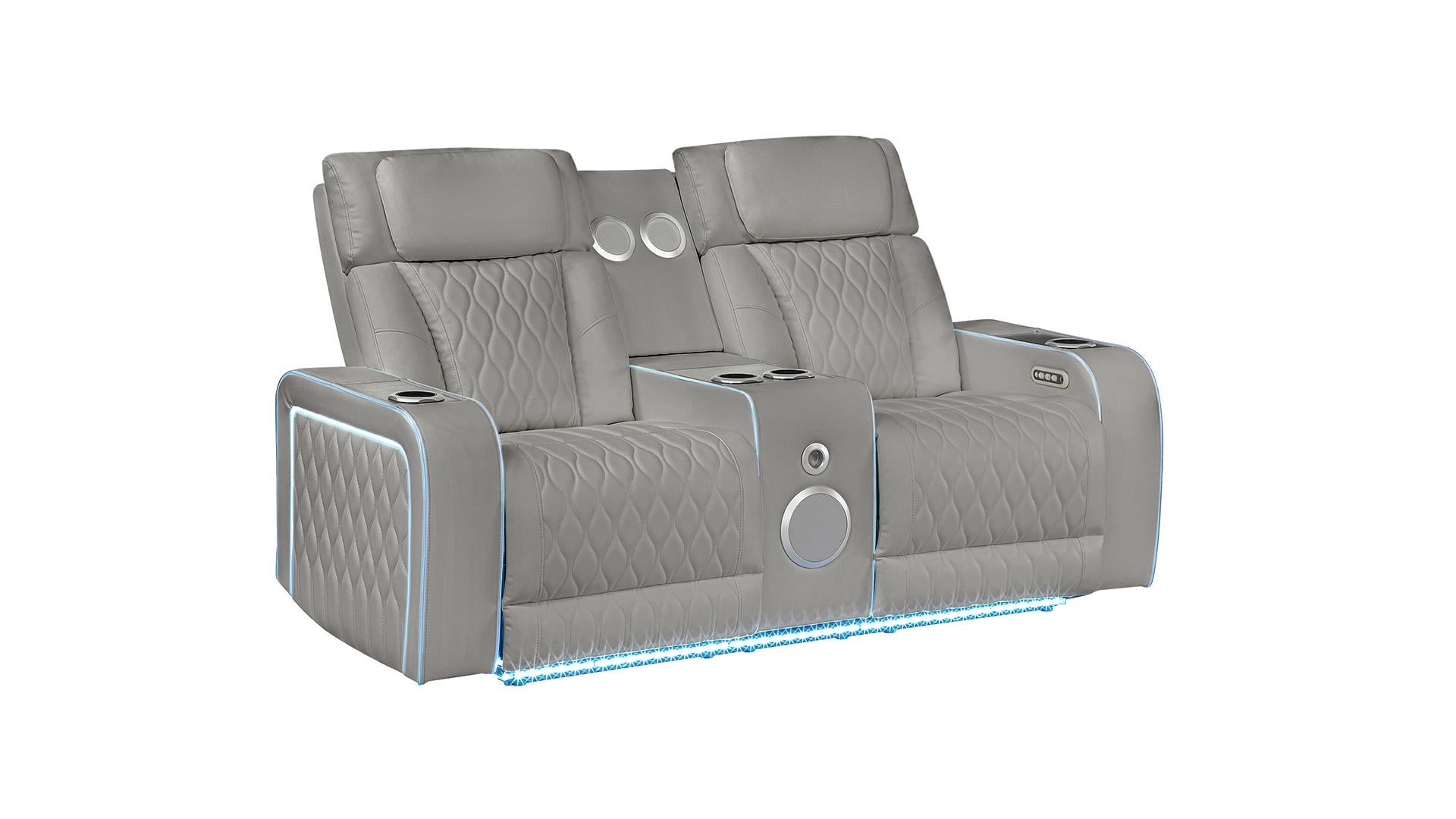 2 pc Electra grey faux leather power motion sofa and love seat with massagers and LED , wireless charging, LEDS , cup holders