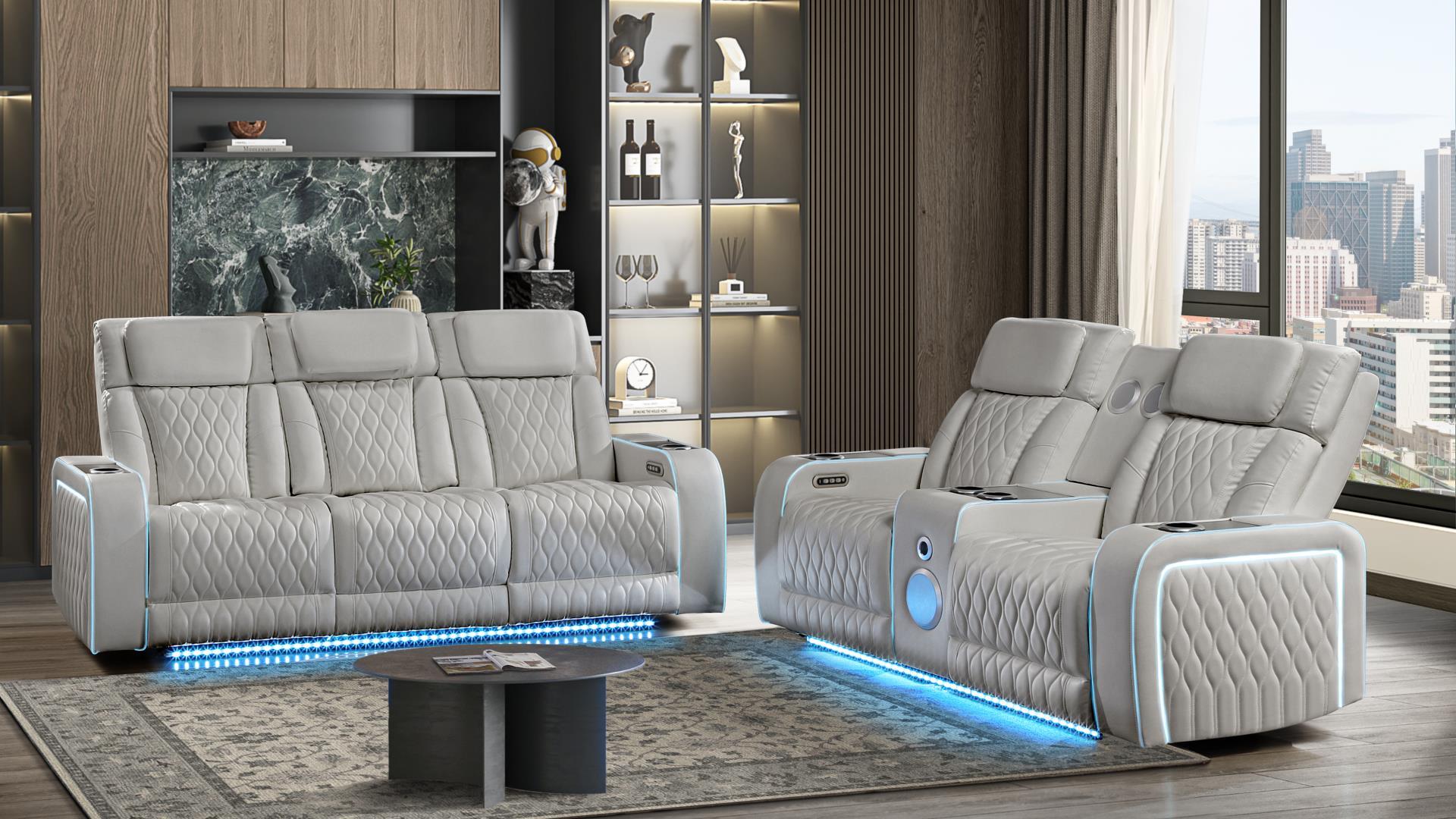 2 pc Electra grey faux leather power motion sofa and love seat with massagers and LED , wireless charging, LEDS , cup holders