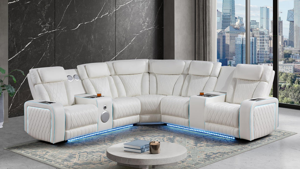 3 pc Electra white faux leather power motion sectional sofa with massagers and LED , USB charging, LEDS , cup holders