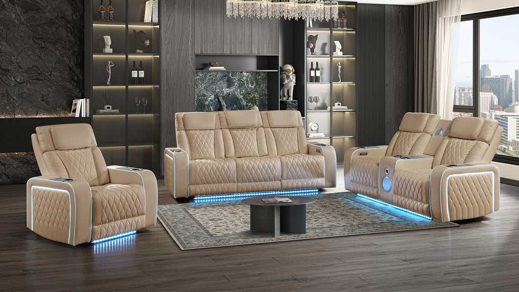 Electra Caramel Faux Leather 2-Piece Power Motion Sofa and Love Seat with Massage, LED, Wireless Charging & Bluetooth