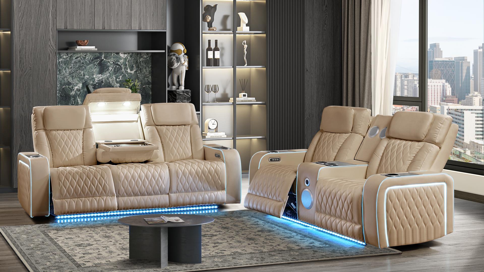 2 pc Electra caramel faux leather power motion sofa and love seat with massagers and LED , wireless charging, LEDS , cup holders
