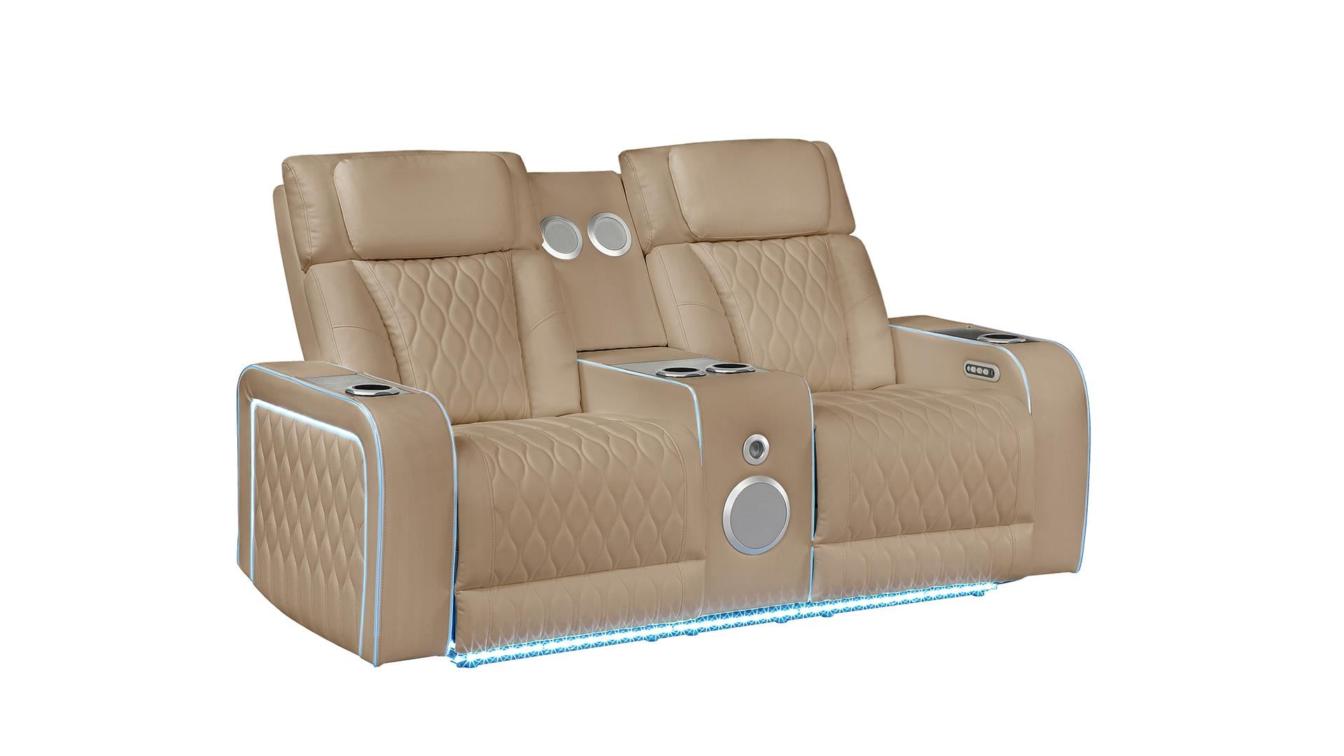 2 pc Electra caramel faux leather power motion sofa and love seat with massagers and LED , wireless charging, LEDS , cup holders