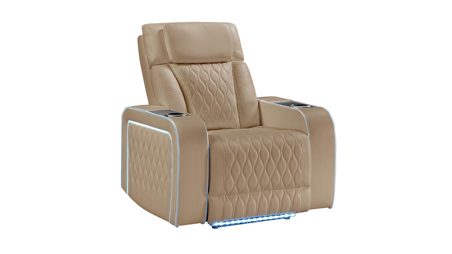 2 pc Electra caramel faux leather power motion sofa and love seat with massagers and LED , wireless charging, LEDS , cup holders