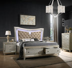 Elizabeth-4PC 4 pc Elizabeth champagne wood finish faux leather upholstered headboard LED lighting queen bed set