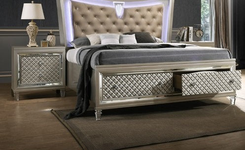 Elizabeth-4PC 4 pc Elizabeth champagne wood finish faux leather upholstered headboard LED lighting queen bed set