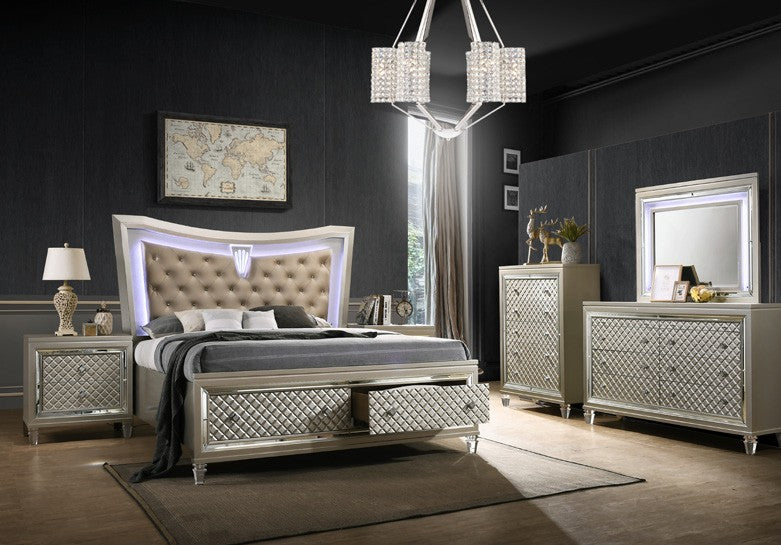 Elizabeth-4PC 4 pc Elizabeth champagne wood finish faux leather upholstered headboard LED lighting queen bed set