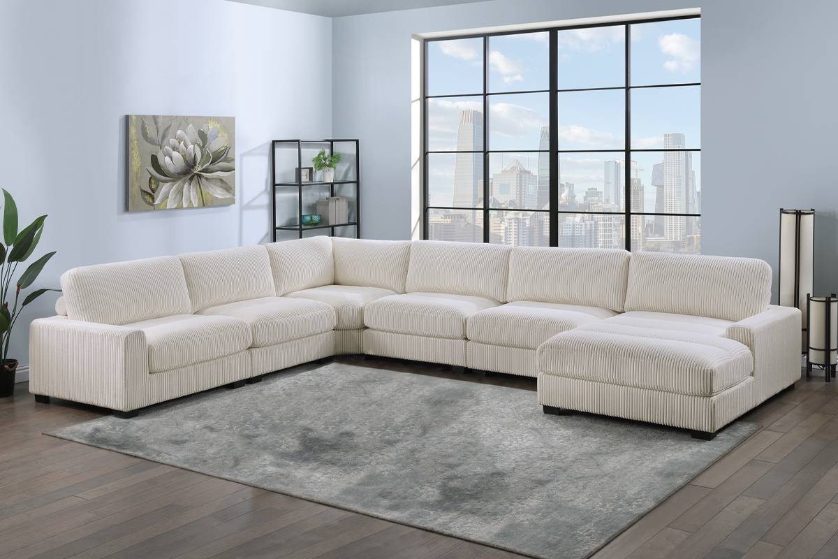 Poundex F158 6 pc beige wide welt cordury fabric upholstered modular sectional sofa with chaise