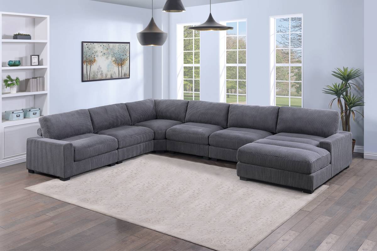 Poundex F163 6 pc grey wide welt cordury fabric upholstered modular sectional sofa with chaise