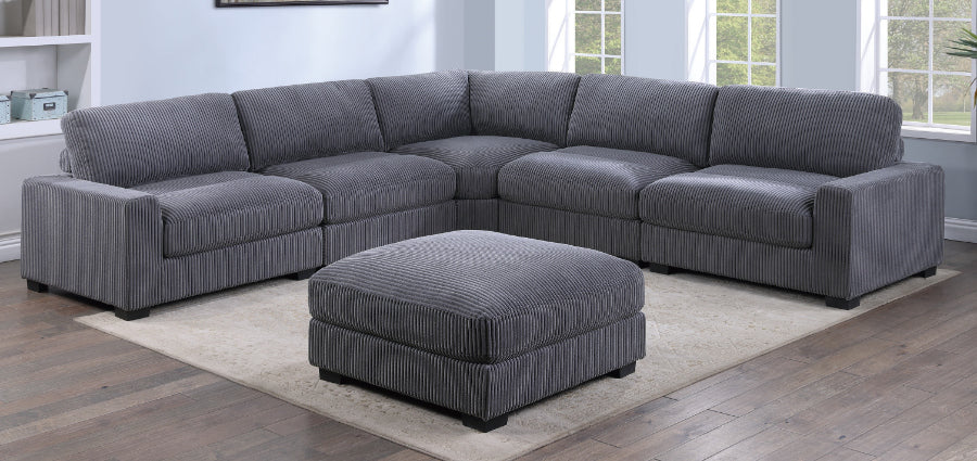 Poundex F164 6 pc grey wide welt corduroy fabric modular sectional sofa and ottoman