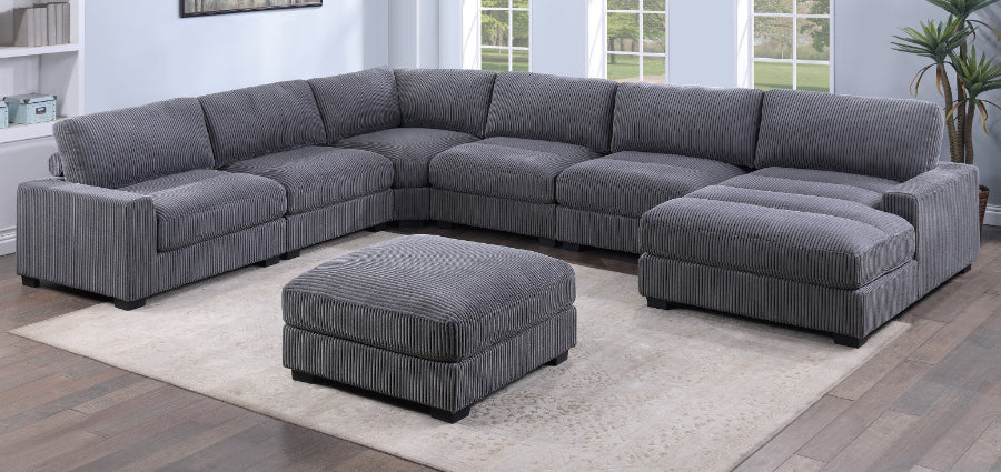 Poundex F166 7 pc grey wide welt corduroy fabric modular sectional sofa chaise and ottoman