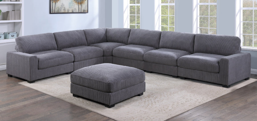 Poundex F167 7 pc grey wide welt corduroy fabric modular sectional sofa and ottoman
