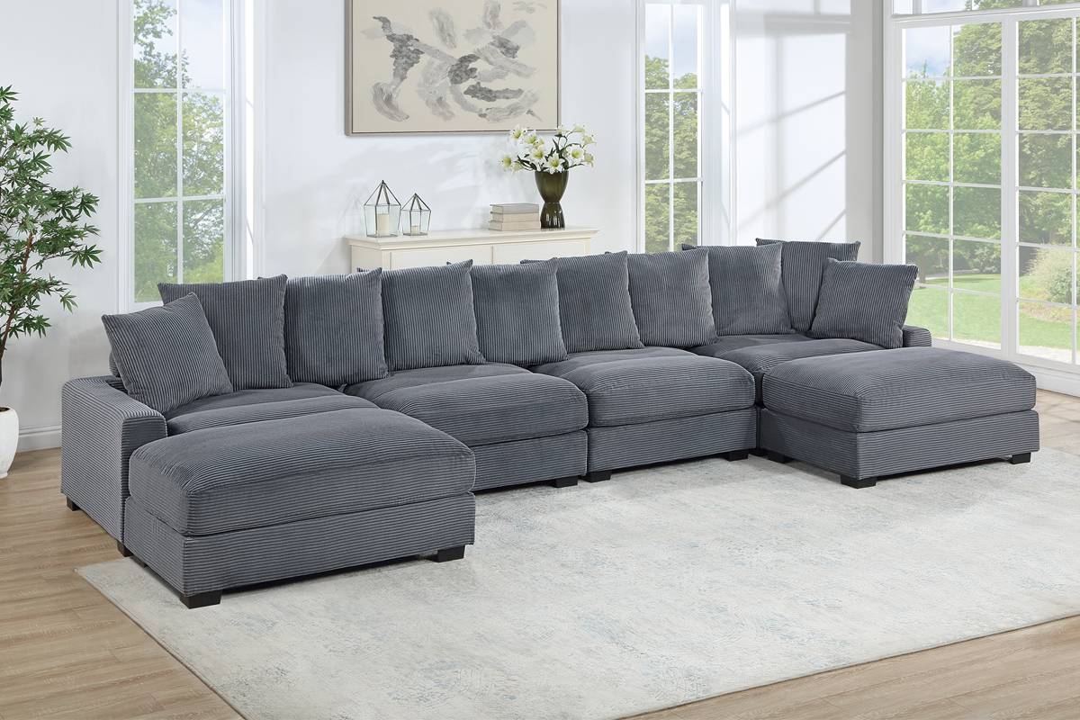 Poundex F175 6 pc dark grey corduroy fabric modular sectional sofa with double chaise