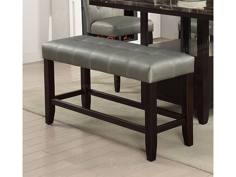 Poundex F1757 Arenth espresso finish wood silver faux leather tufted top counter height dining table bench seat