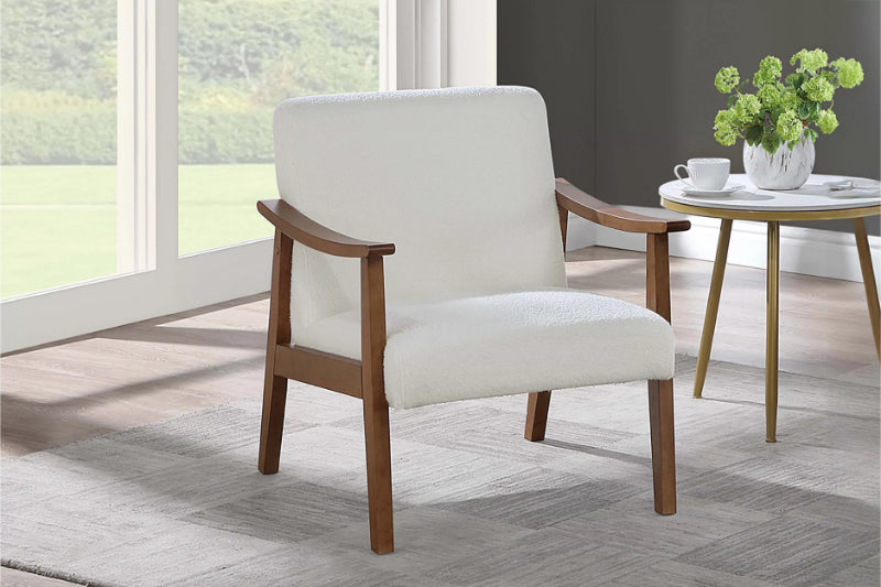 Poundex F1948 White wool fabric accent chair with wood arms and legs